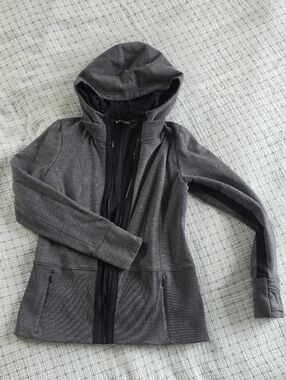 Athleta Gray Black Full-Zip Hooded Fleece-Linee Jacket Sweatshirt M